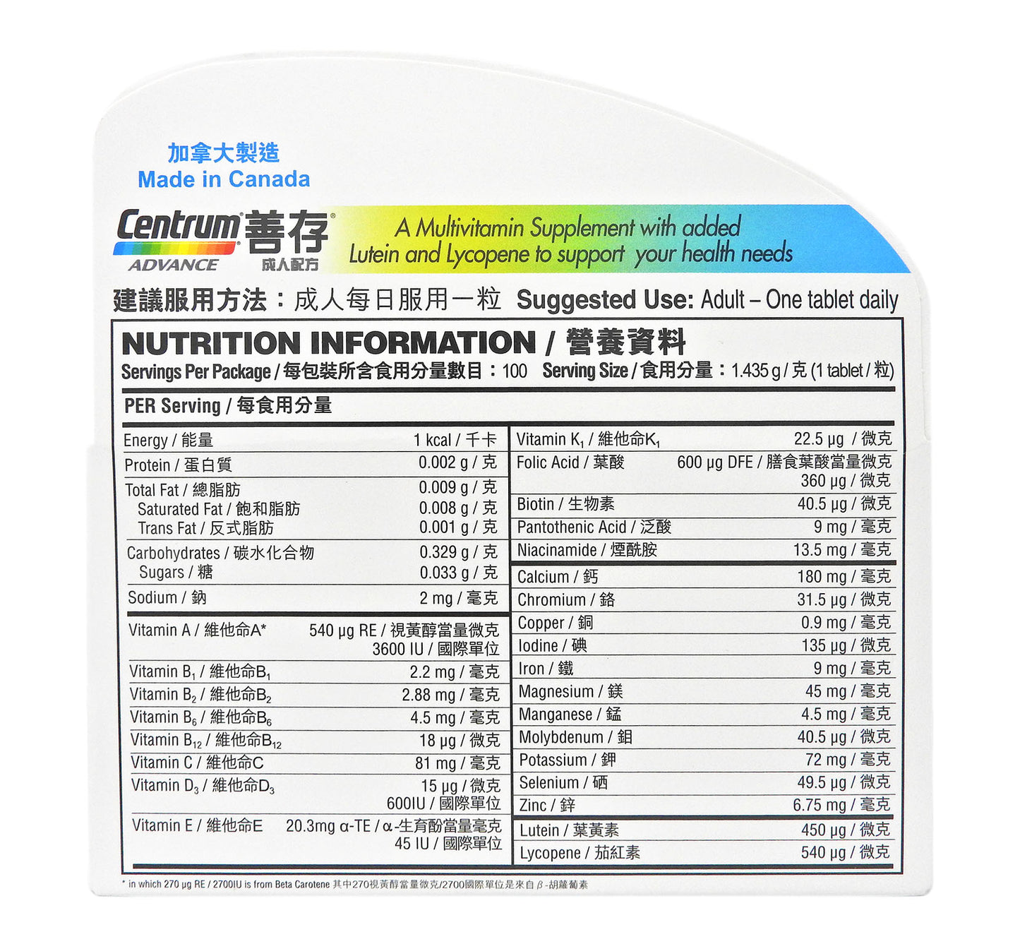 善存 Centrum - 維他命丸 100粒 (成人配方) #255